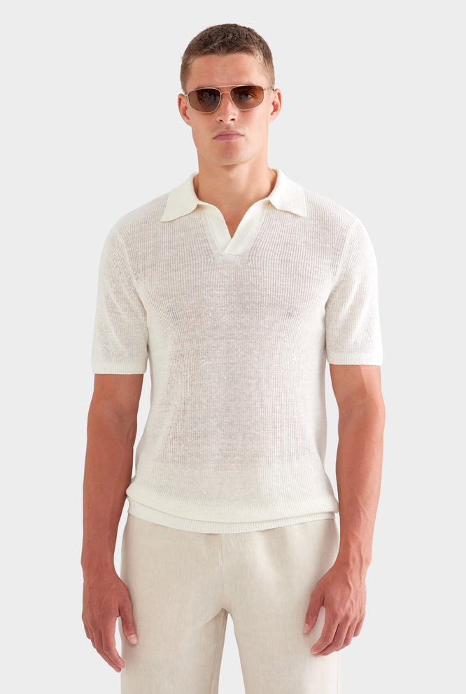 Rib Knit Open Neck Polo - Black