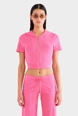Short Sleeve Cropped Terry Jacket - Hot Pink