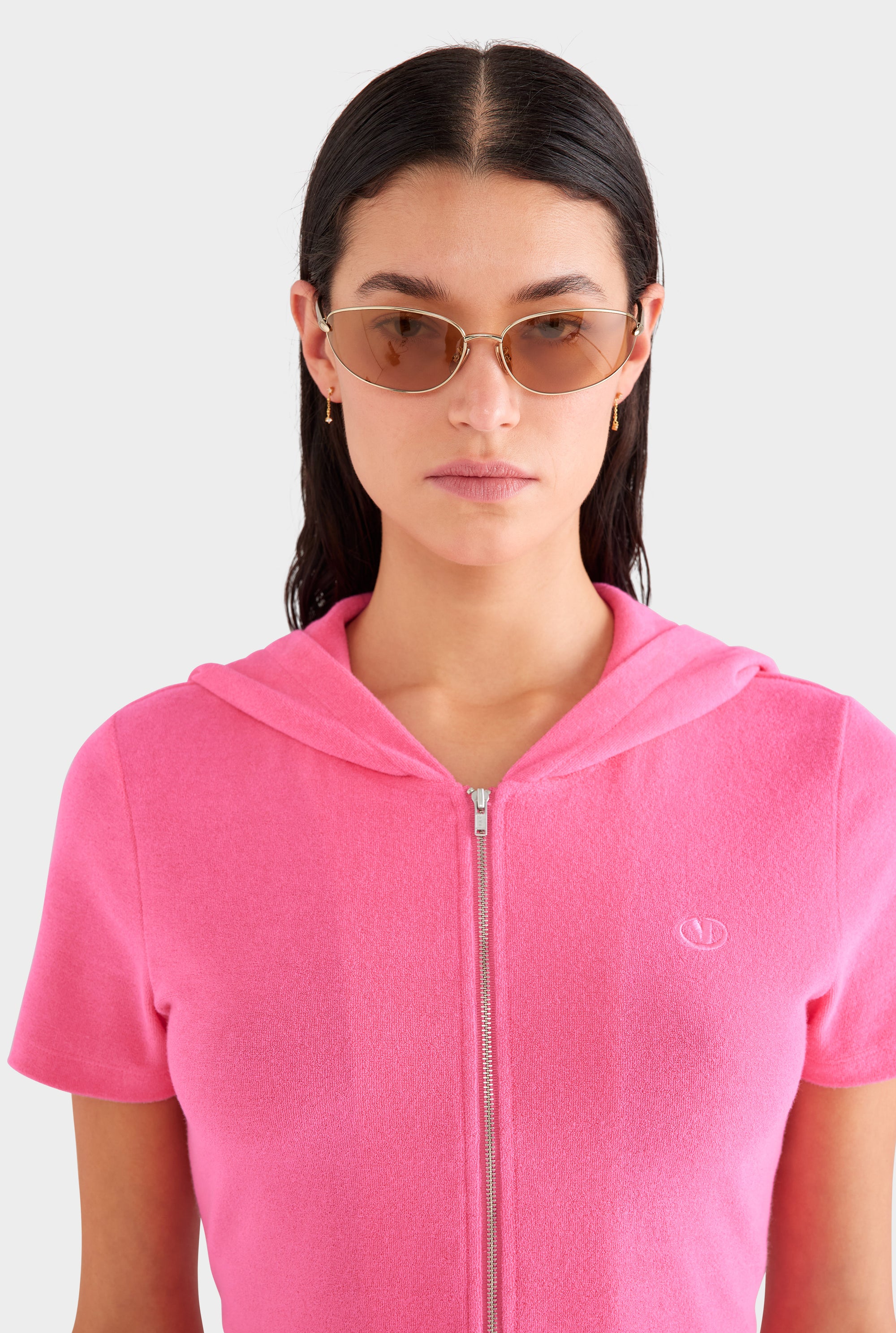 Short Sleeve Cropped Terry Jacket - Hot Pink