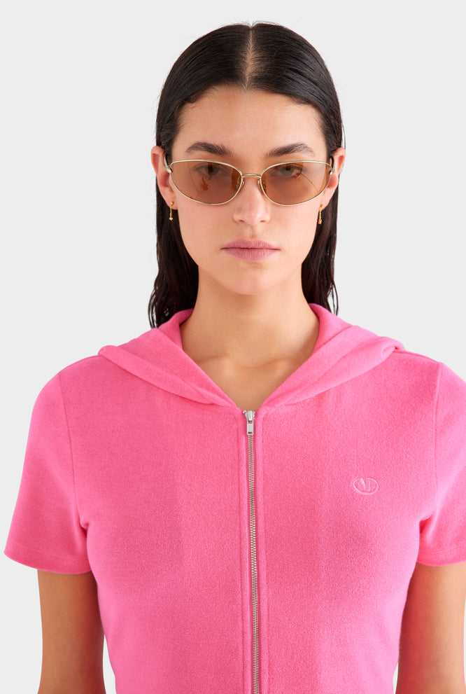 Short Sleeve Cropped Terry Jacket - Hot Pink