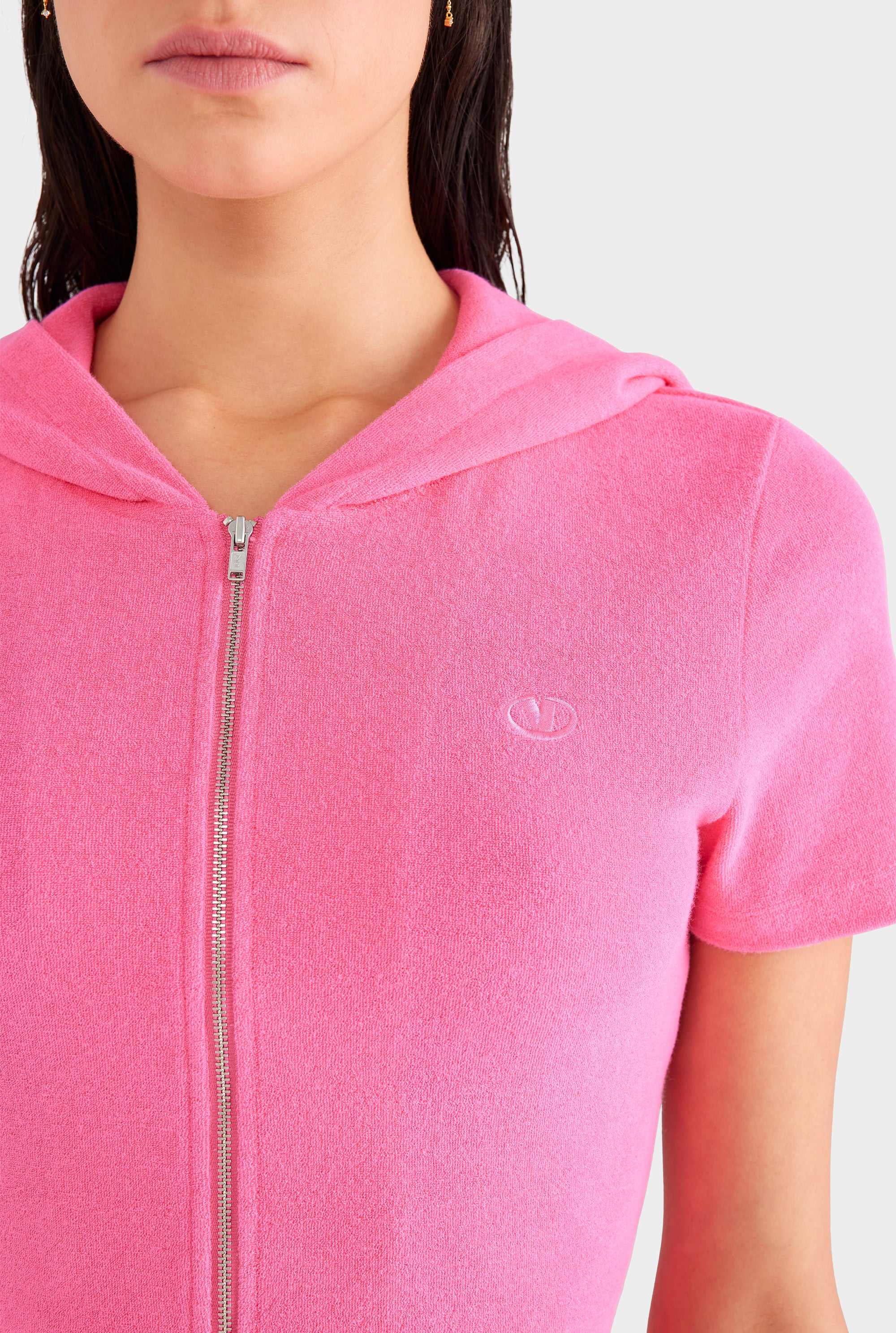 Short Sleeve Cropped Terry Jacket - Hot Pink