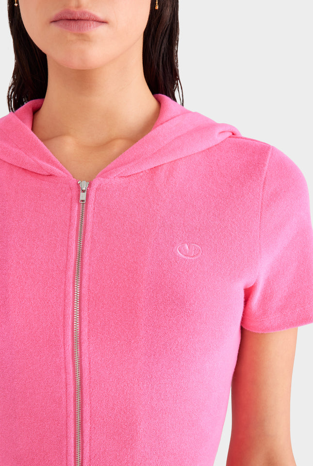 Short Sleeve Cropped Terry Jacket - Hot Pink