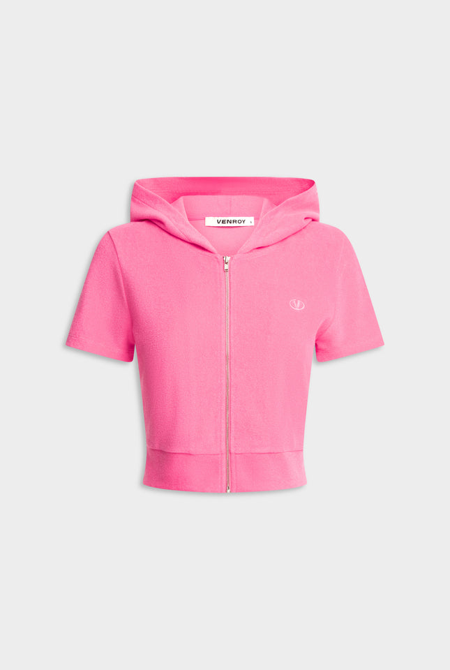 Short Sleeve Cropped Terry Jacket - Hot Pink