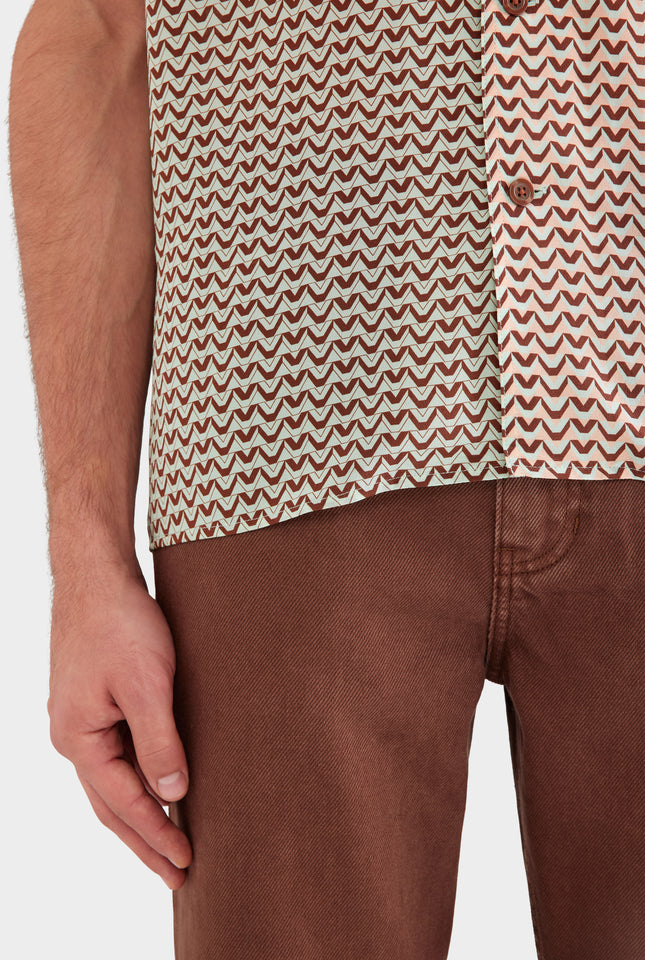 Short Sleeve Silk Camp Collar Shirt - Pale Aqua/Peach Spliced V Monogram