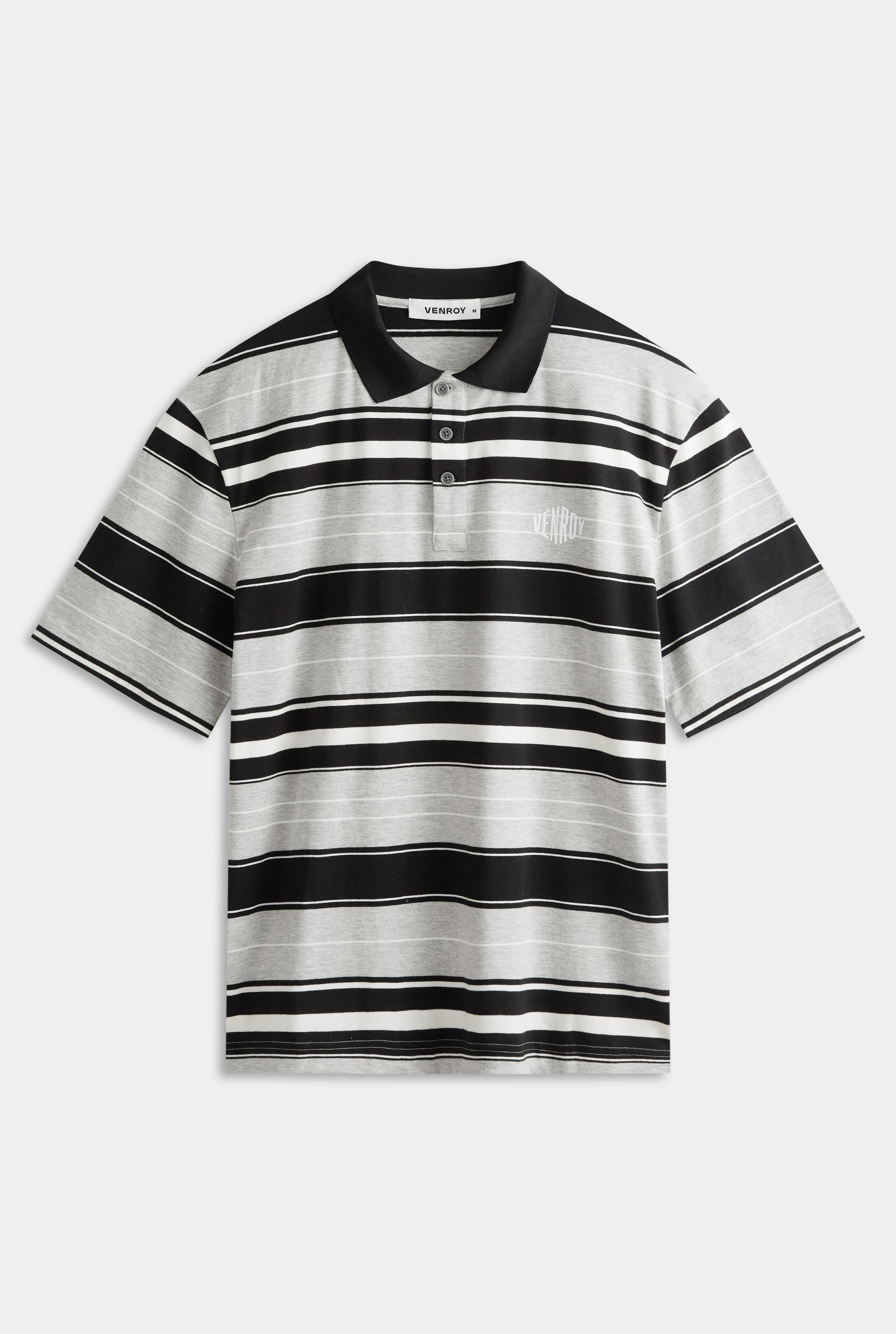 Short Sleeve Striped Cotton Polo - Grey/Black Stripe