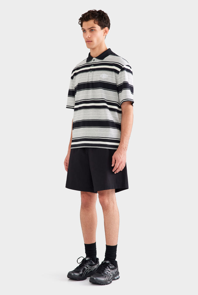 Short Sleeve Striped Cotton Polo - Grey/Black Stripe