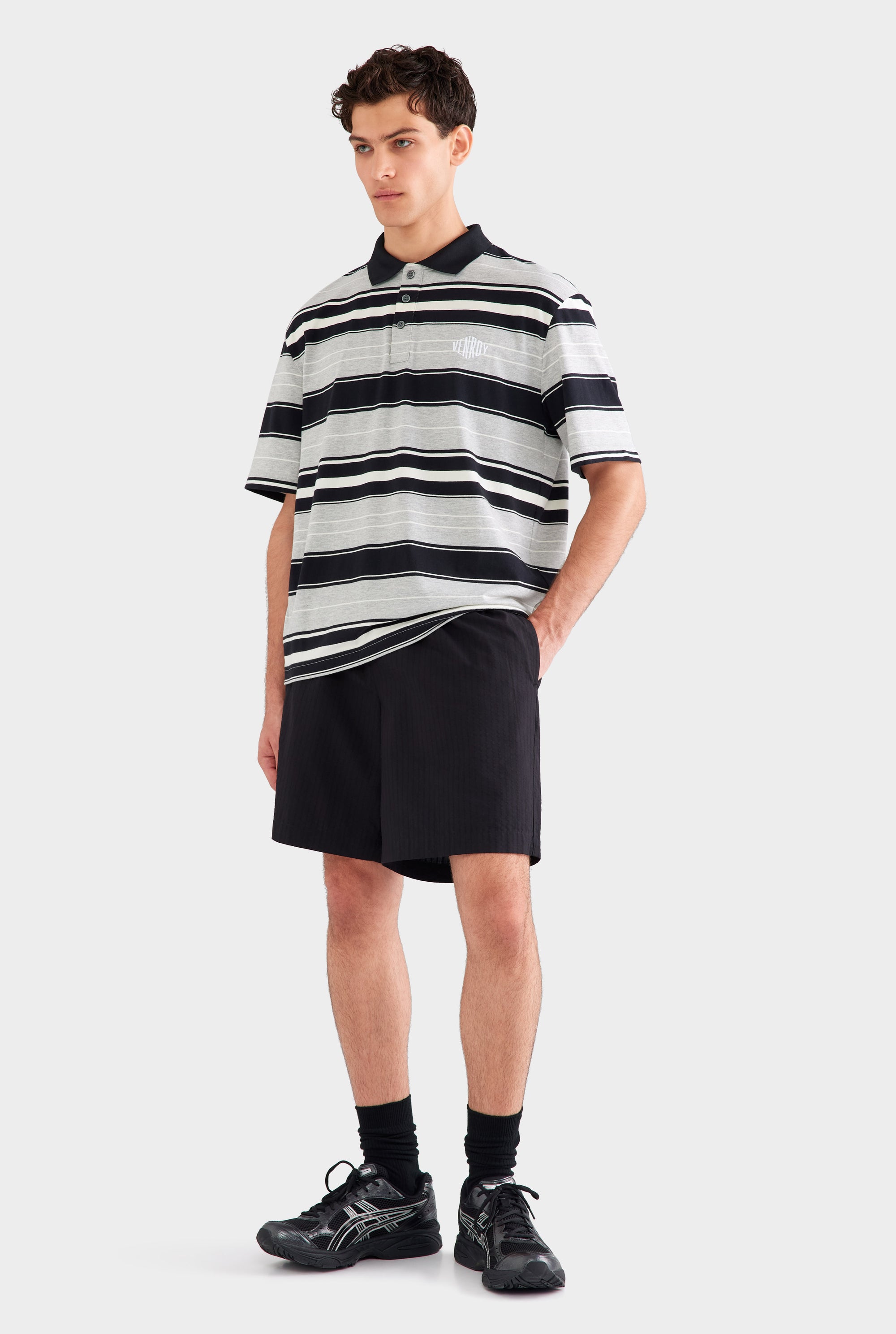 Short Sleeve Striped Cotton Polo - Grey/Black Stripe