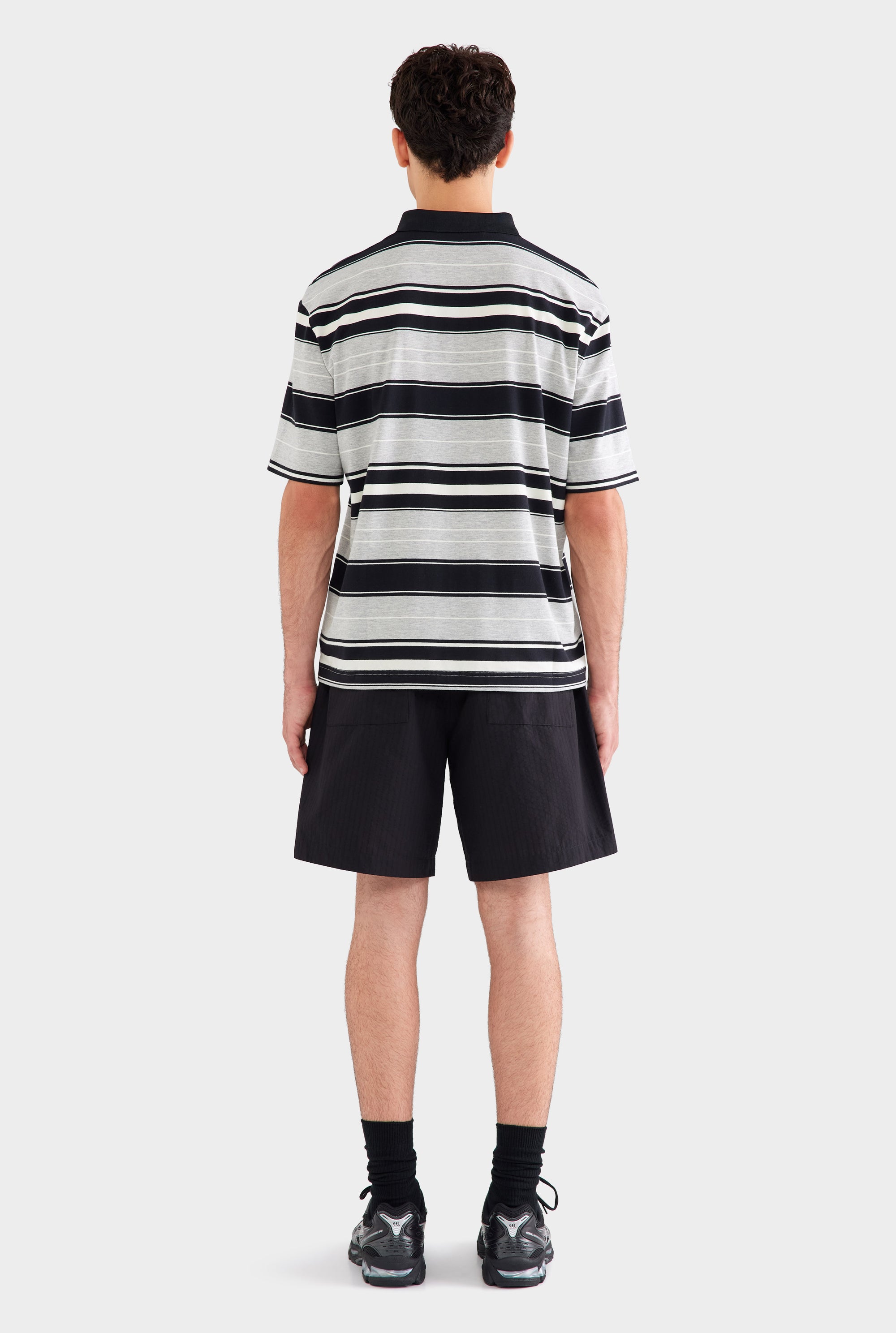 Short Sleeve Striped Cotton Polo - Grey/Black Stripe