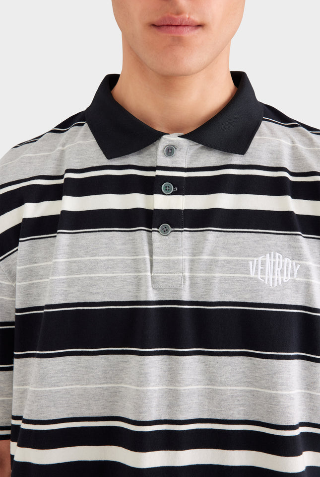 Short Sleeve Striped Cotton Polo - Grey/Black Stripe