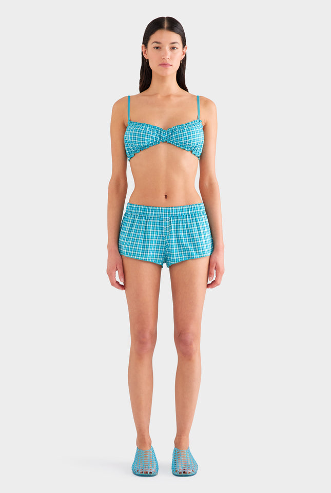 Shirred Cotton Bralette - Teal Check