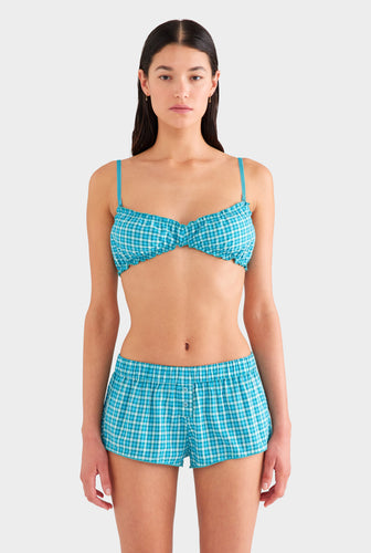 Shirred Cotton Bralette - Teal Check