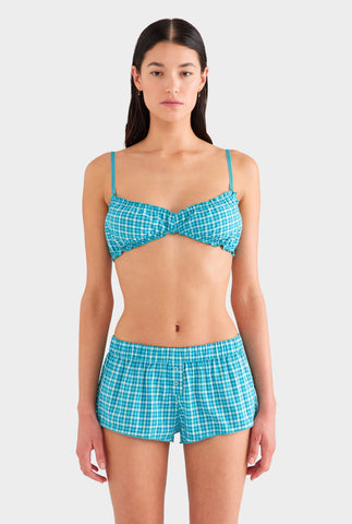 Shirred Cotton Bralette - Teal Check