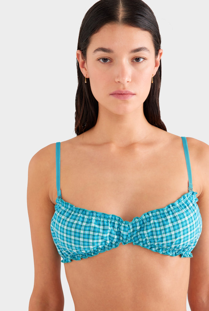Shirred Cotton Bralette - Teal Check
