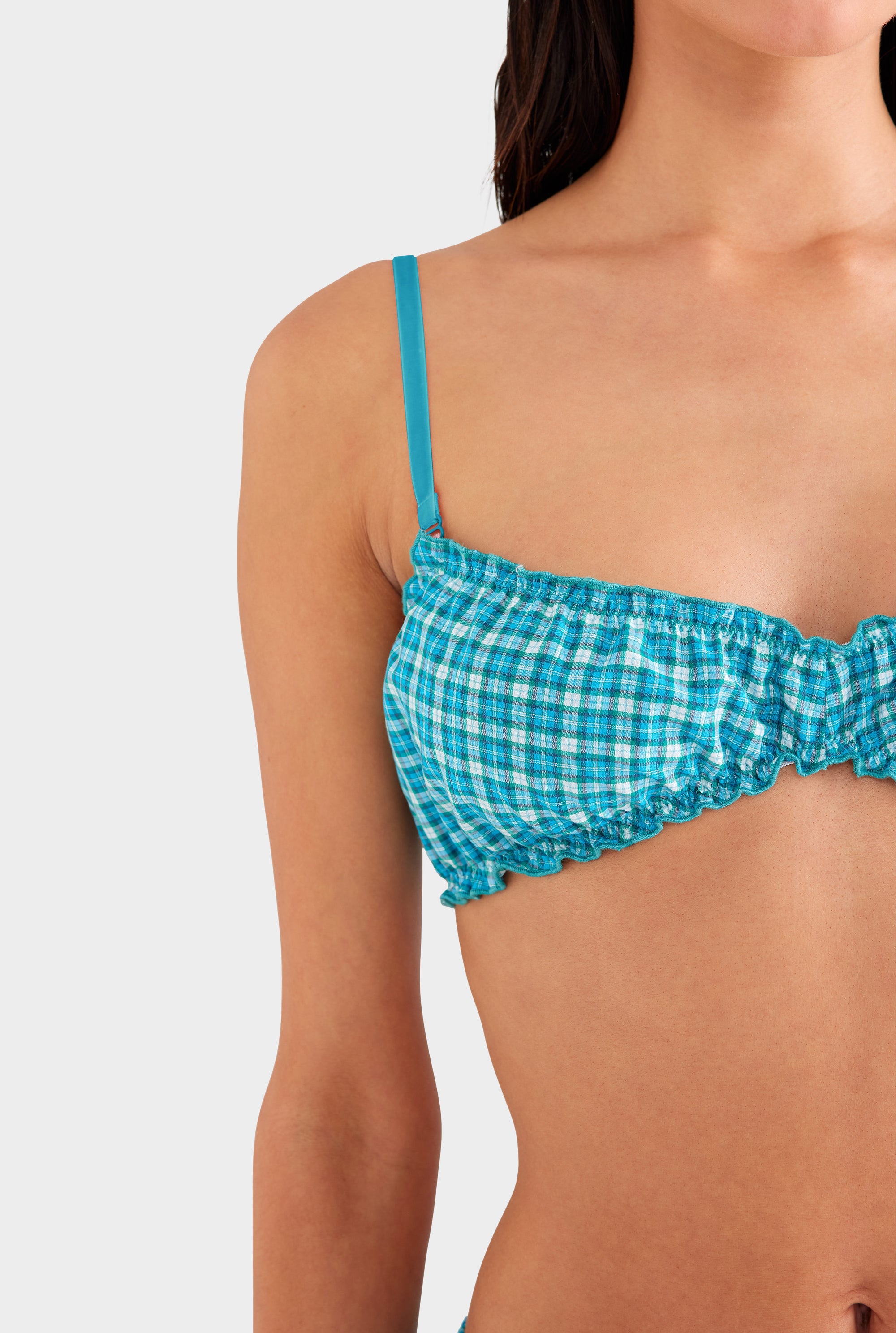 Shirred Cotton Bralette - Teal Check