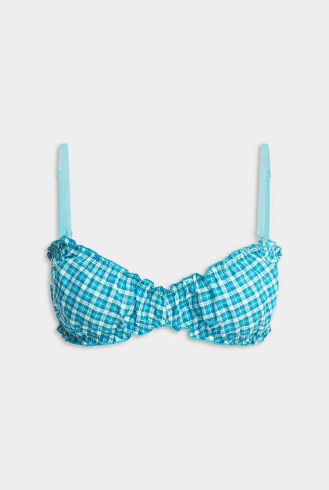 Shirred Cotton Bralette - Teal Check