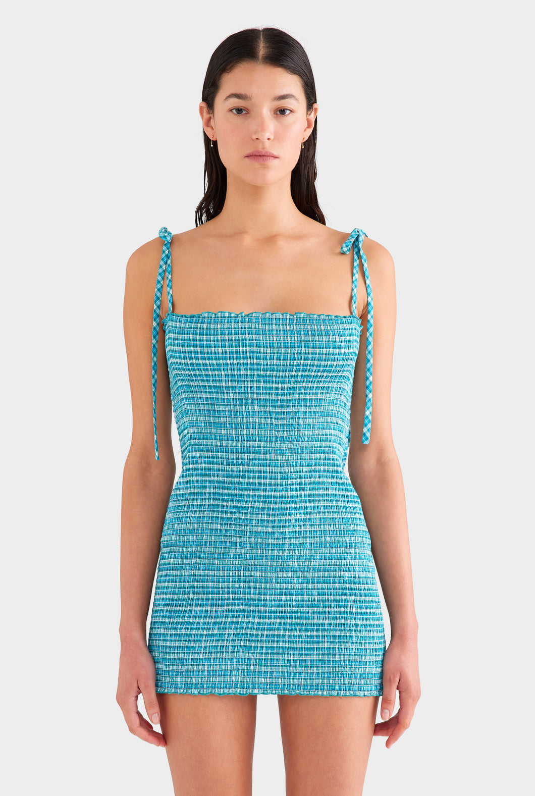 Shirred Cotton Mini Dress - Teal Check