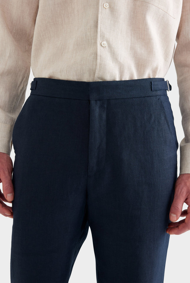 Tailored Linen Side Tab Trouser - Navy