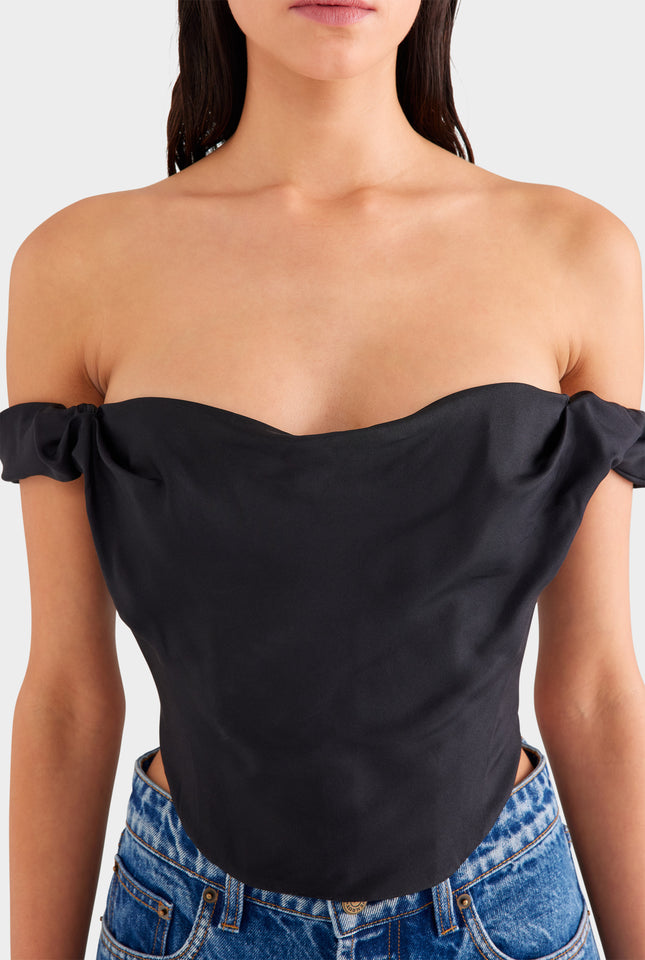 Draped Silk Corset Top - Black
