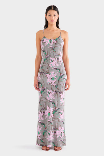 Silk Slip Dress - Grey/Pink Lily