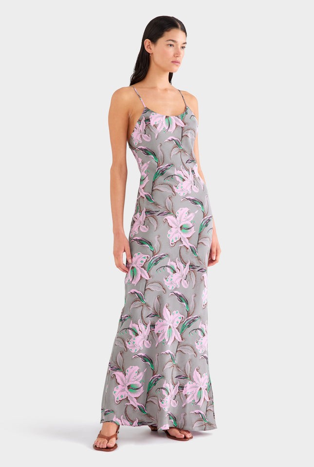 Silk Slip Dress - Grey/Pink Lily