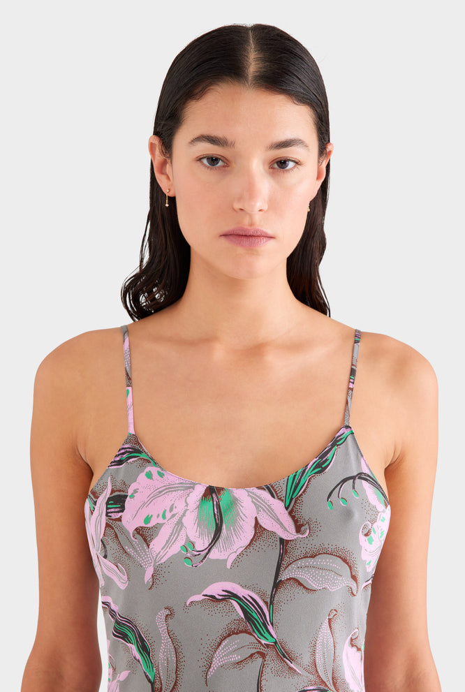 Silk Slip Dress - Grey/Pink Lily