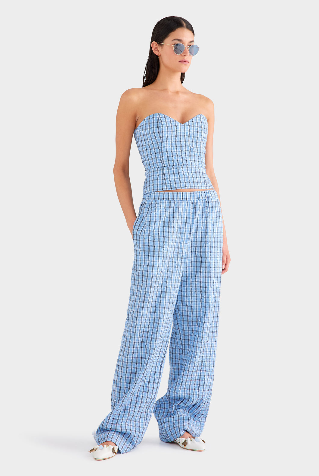 Relaxed Check Cotton Pant - Blue Crushed Check