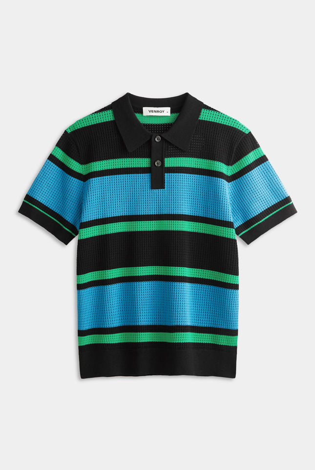 Stripe Cotton Mesh Polo - Black/Blue/Green Stripe