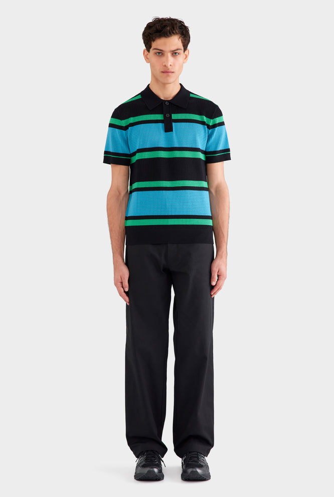 Stripe Cotton Mesh Polo - Black/Blue/Green Stripe