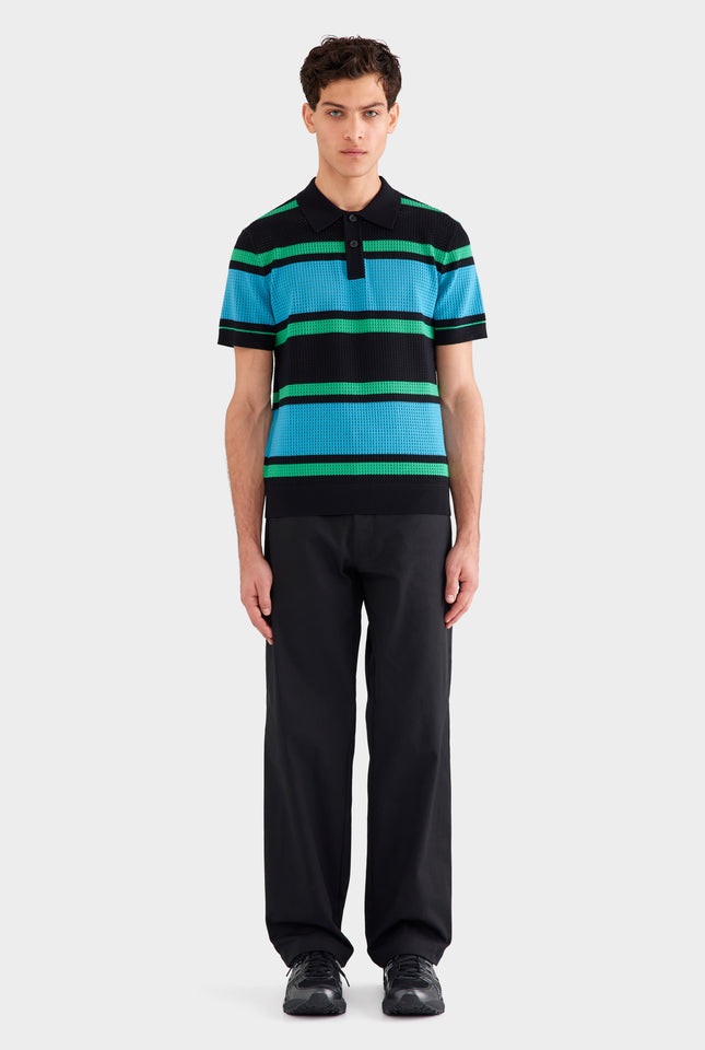 Stripe Cotton Mesh Polo - Black/Blue/Green Stripe