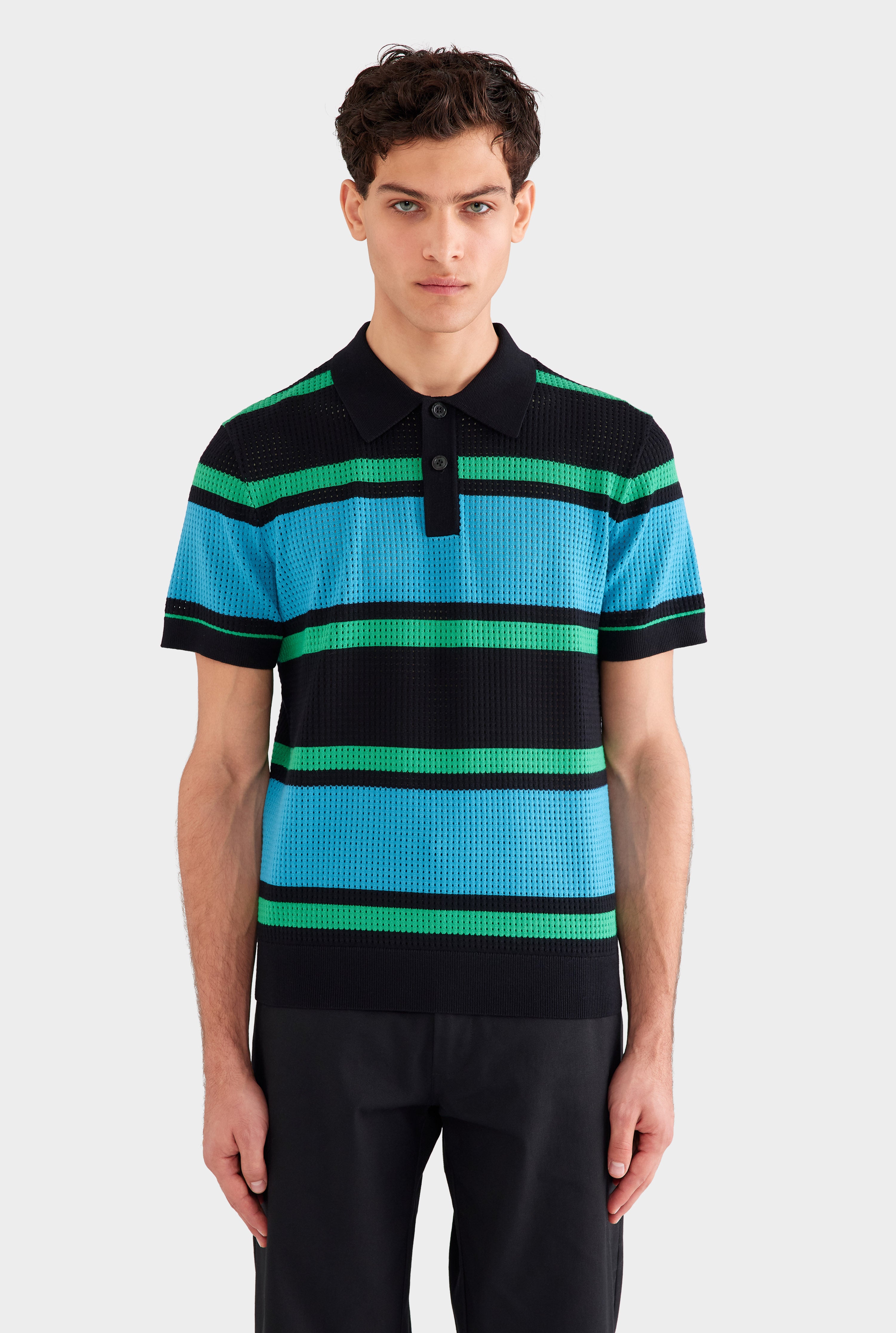 Stripe Cotton Mesh Polo - Black/Blue/Green Stripe