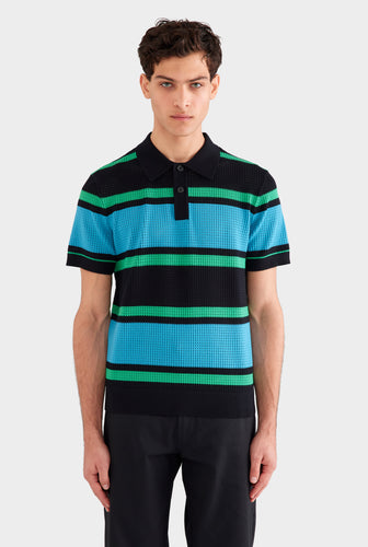Stripe Cotton Mesh Polo - Black/Blue/Green Stripe