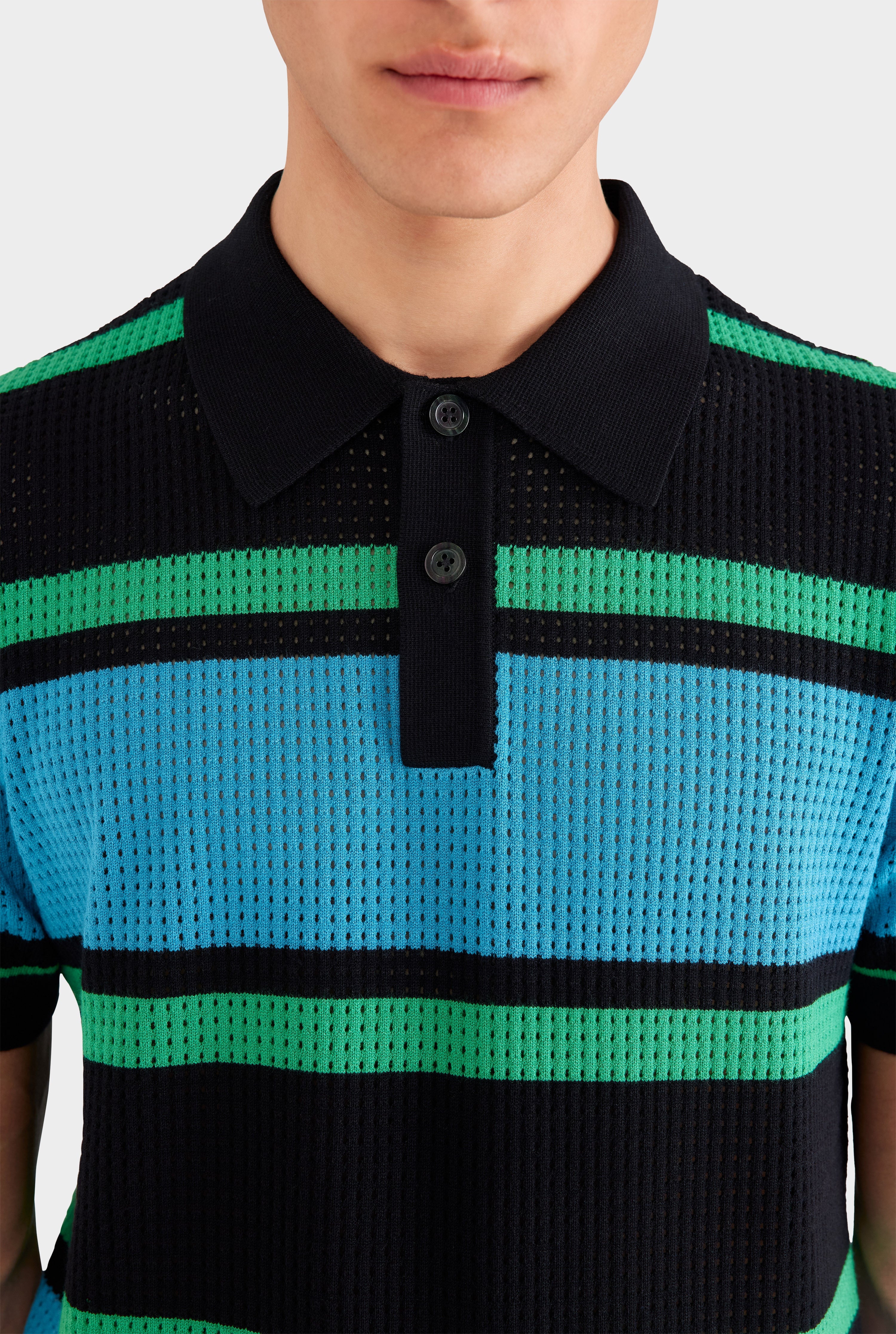 Stripe Cotton Mesh Polo - Black/Blue/Green Stripe