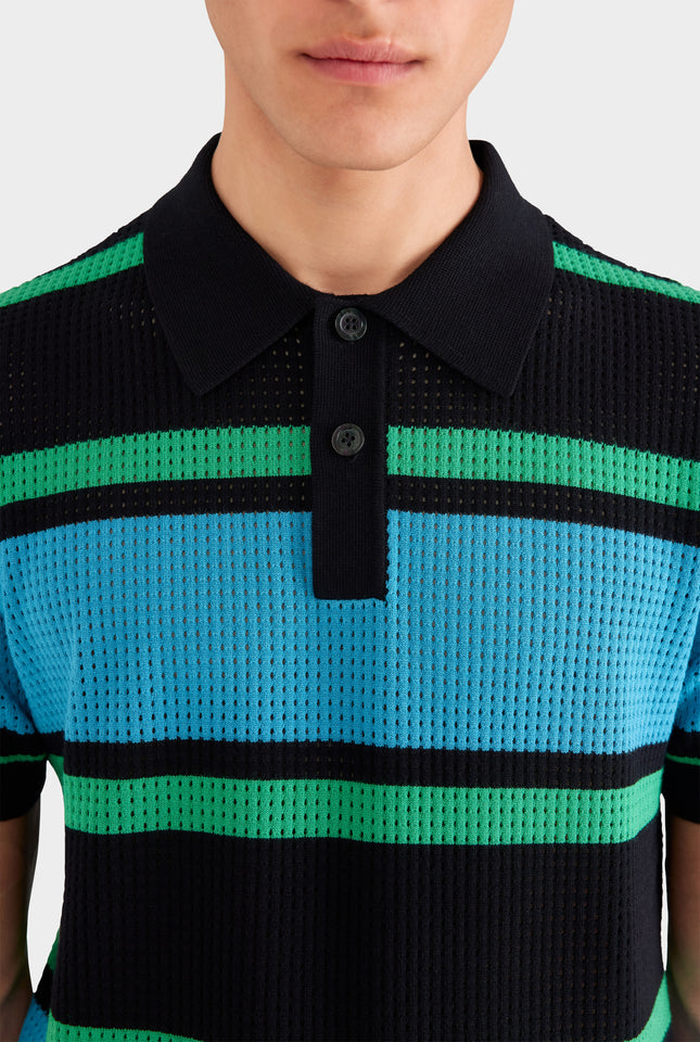 Stripe Cotton Mesh Polo - Black/Blue/Green Stripe