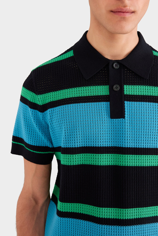 Stripe Cotton Mesh Polo - Black/Blue/Green Stripe