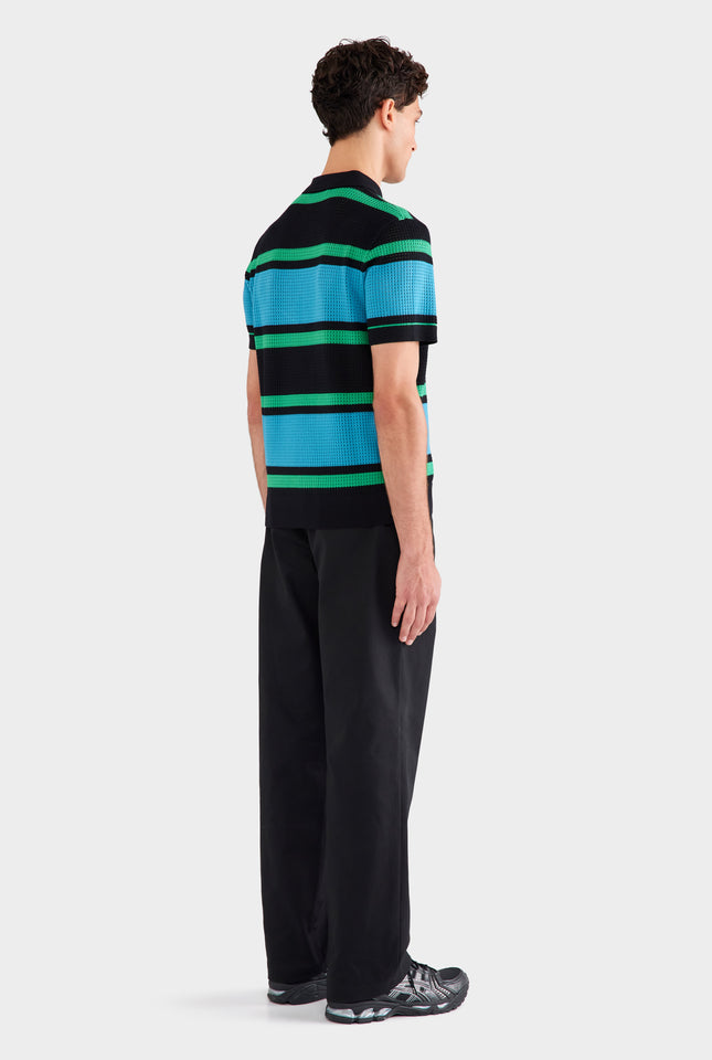 Stripe Cotton Mesh Polo - Black/Blue/Green Stripe