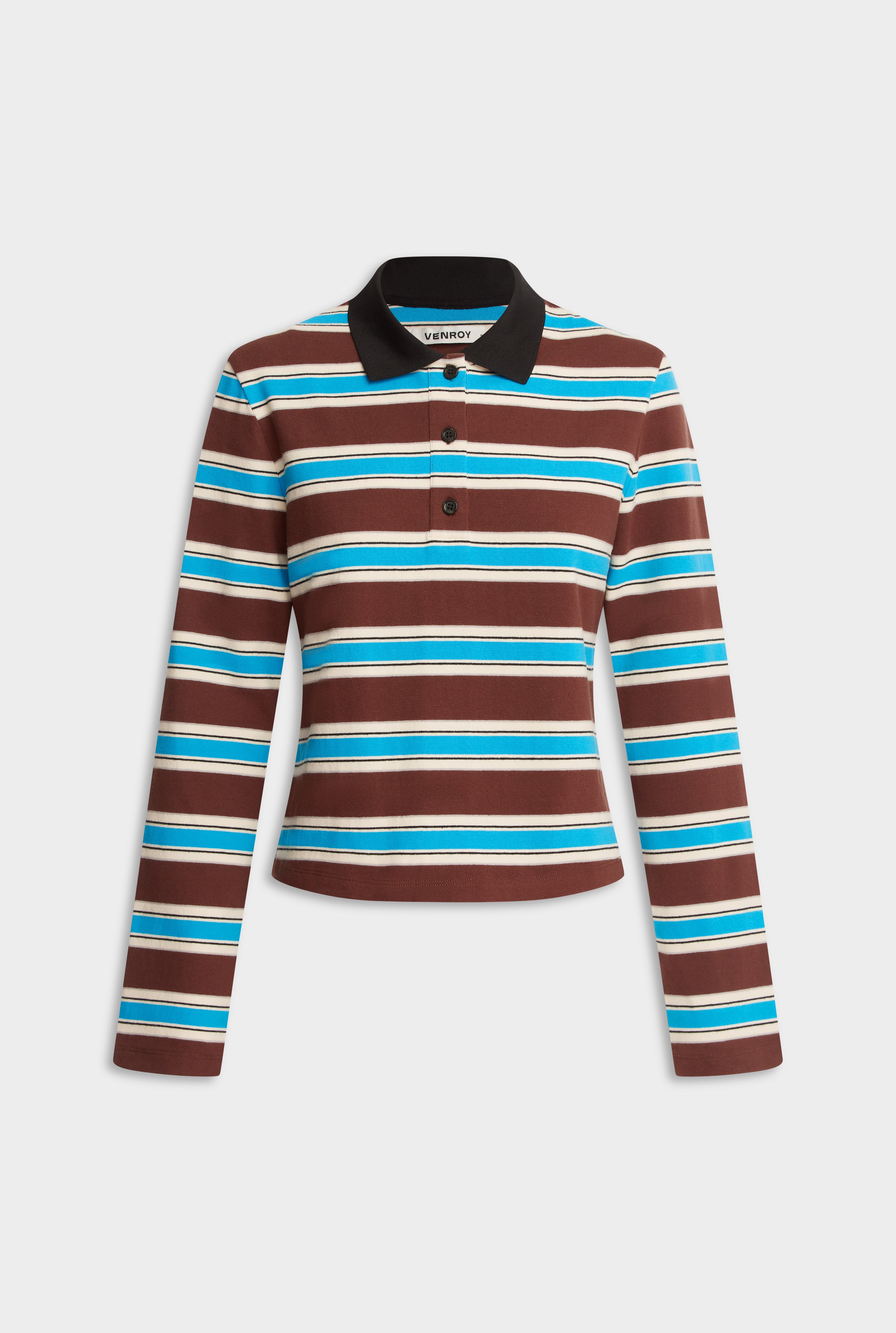 Striped Long Sleeve Jersey Polo - Chocolate/Blue Stripe