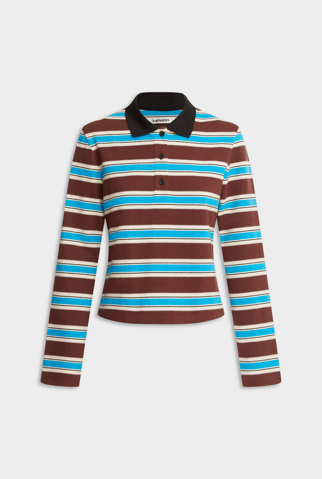Striped Long Sleeve Jersey Polo - Chocolate/Blue Stripe