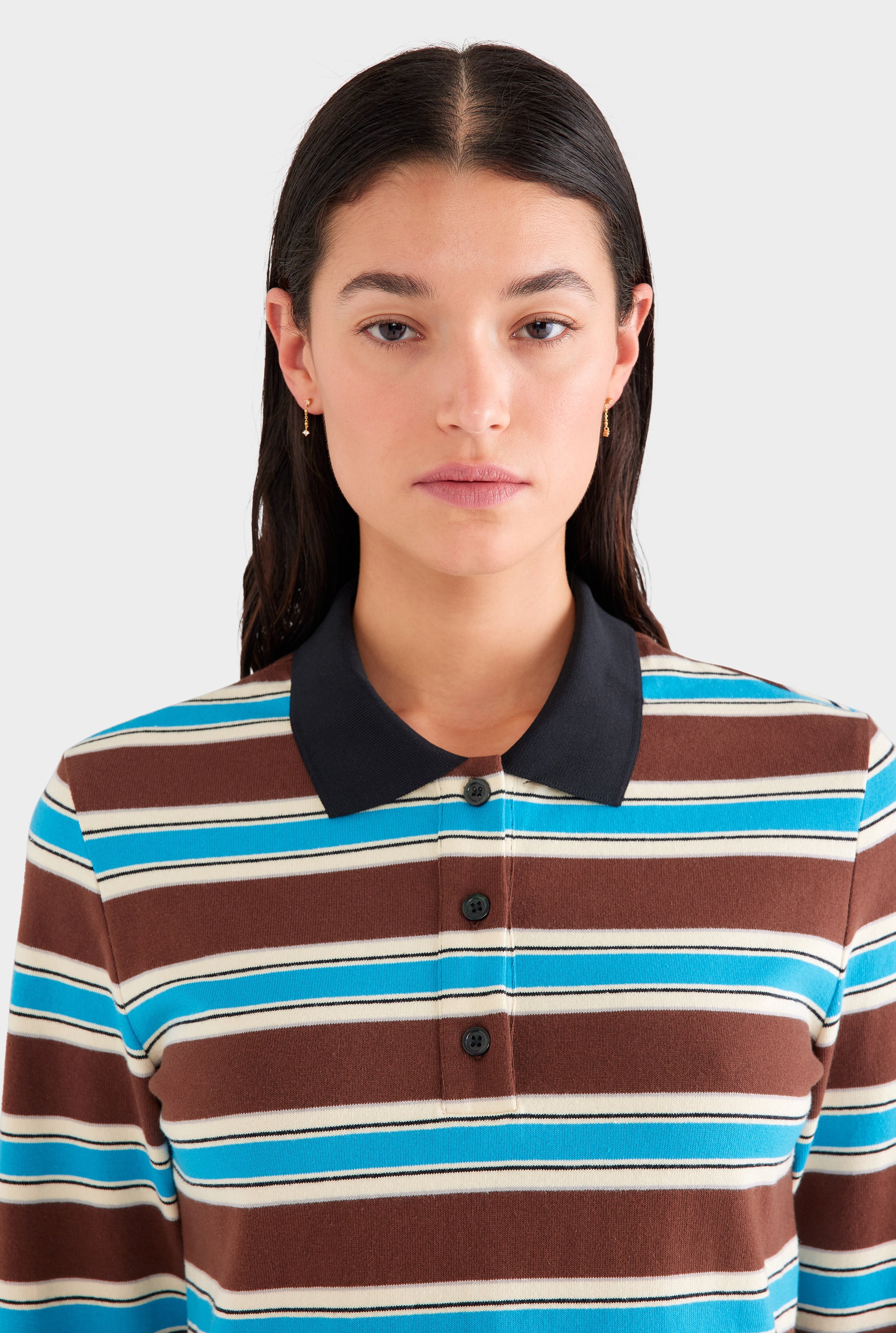 Striped Long Sleeve Jersey Polo - Chocolate/Blue Stripe