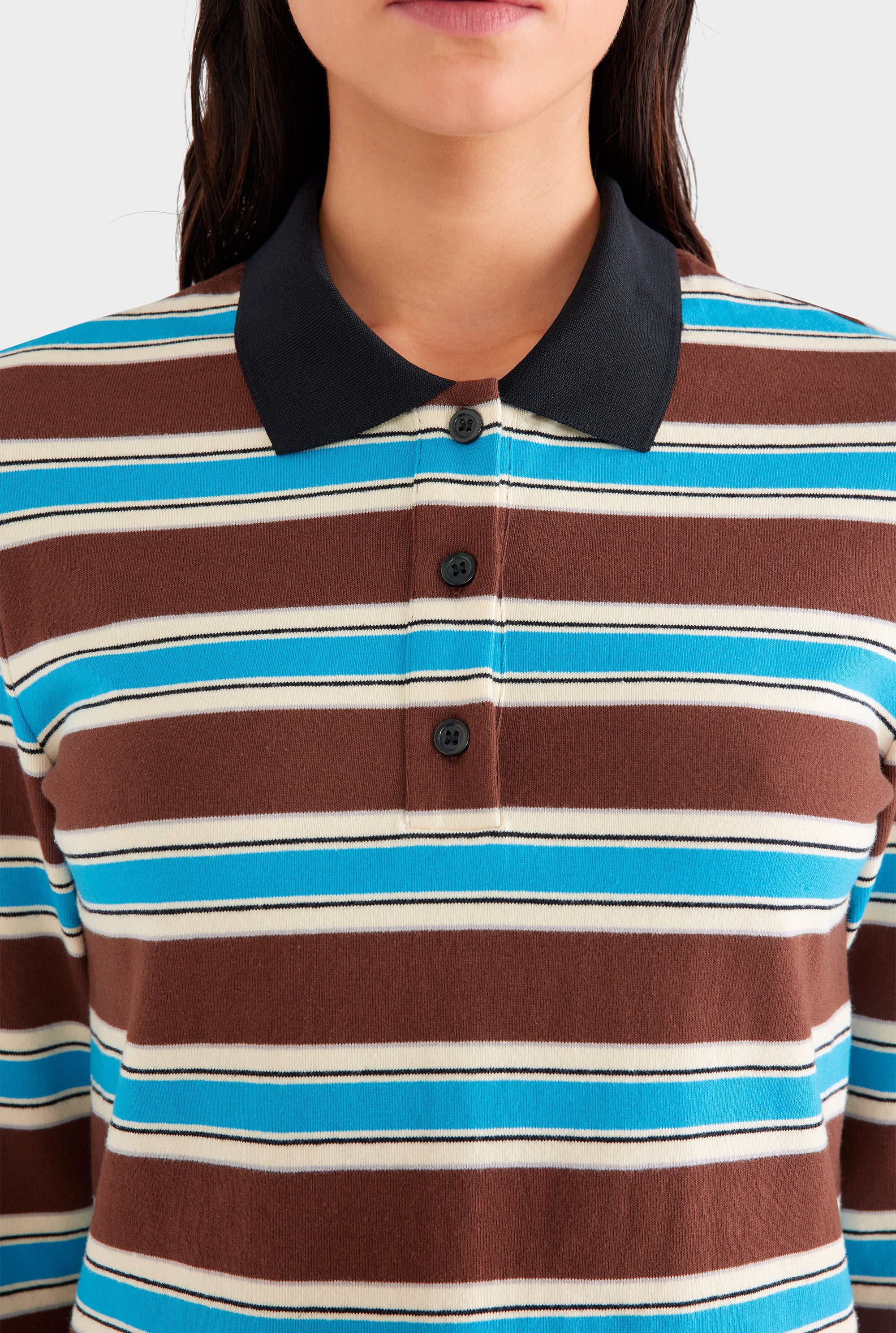 Striped Long Sleeve Jersey Polo - Chocolate/Blue Stripe