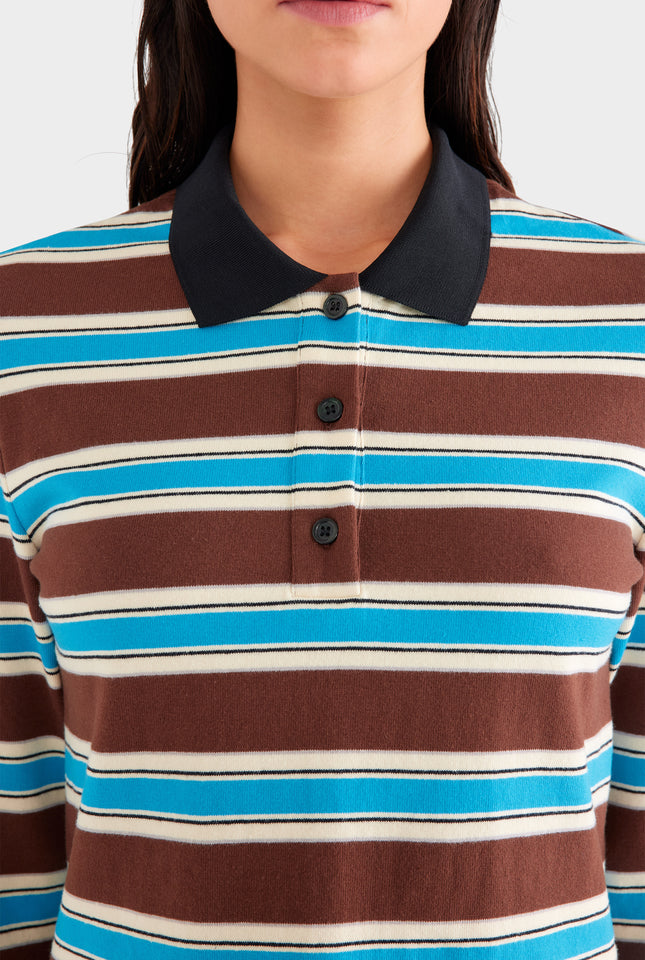 Striped Long Sleeve Jersey Polo - Chocolate/Blue Stripe