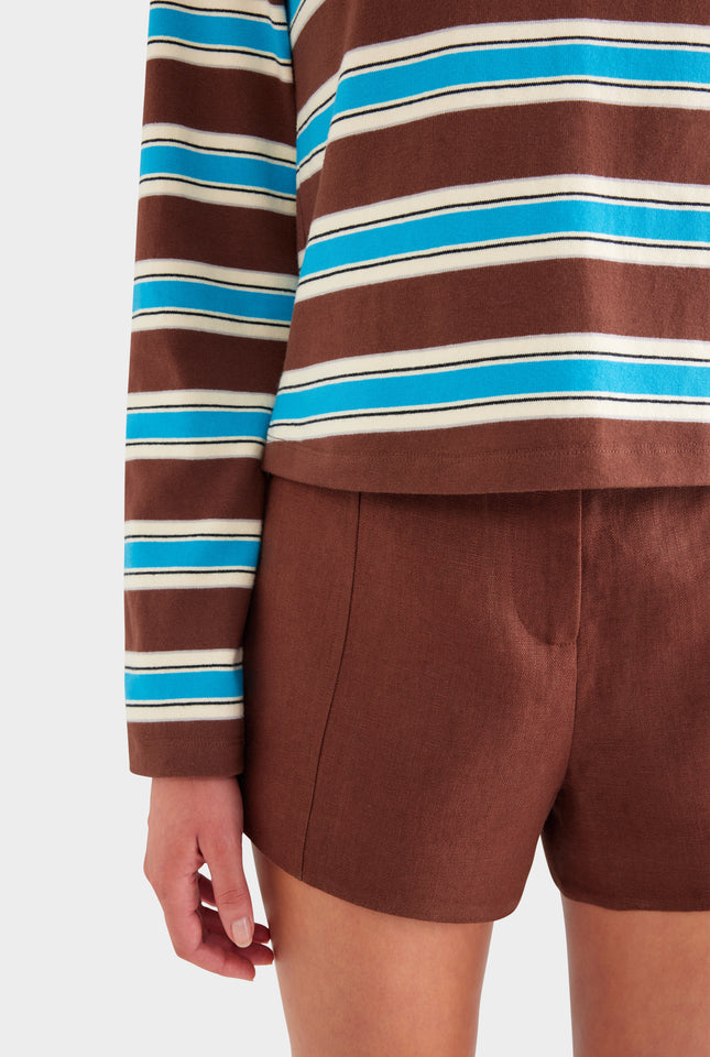 Striped Long Sleeve Jersey Polo - Chocolate/Blue Stripe