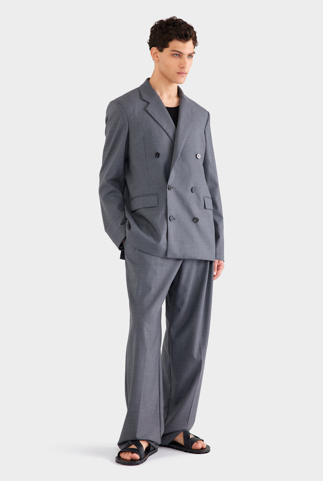 Tailored Wool Double Breasted Suit Jacket - Dark Grey Marl