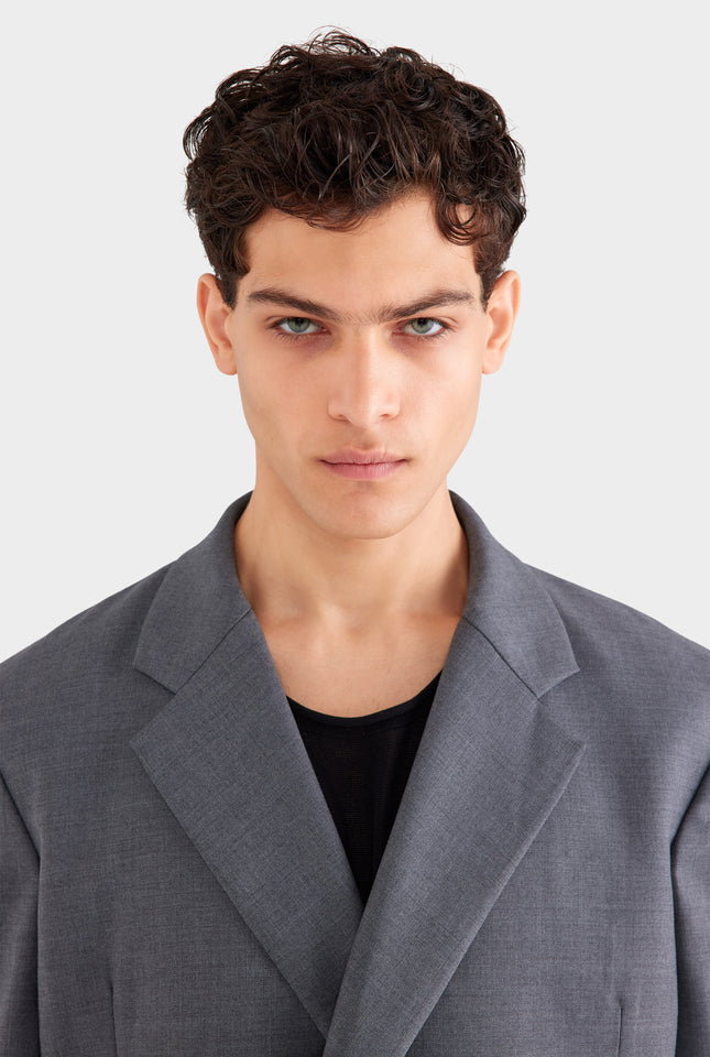 Tailored Wool Double Breasted Suit Jacket - Dark Grey Marl