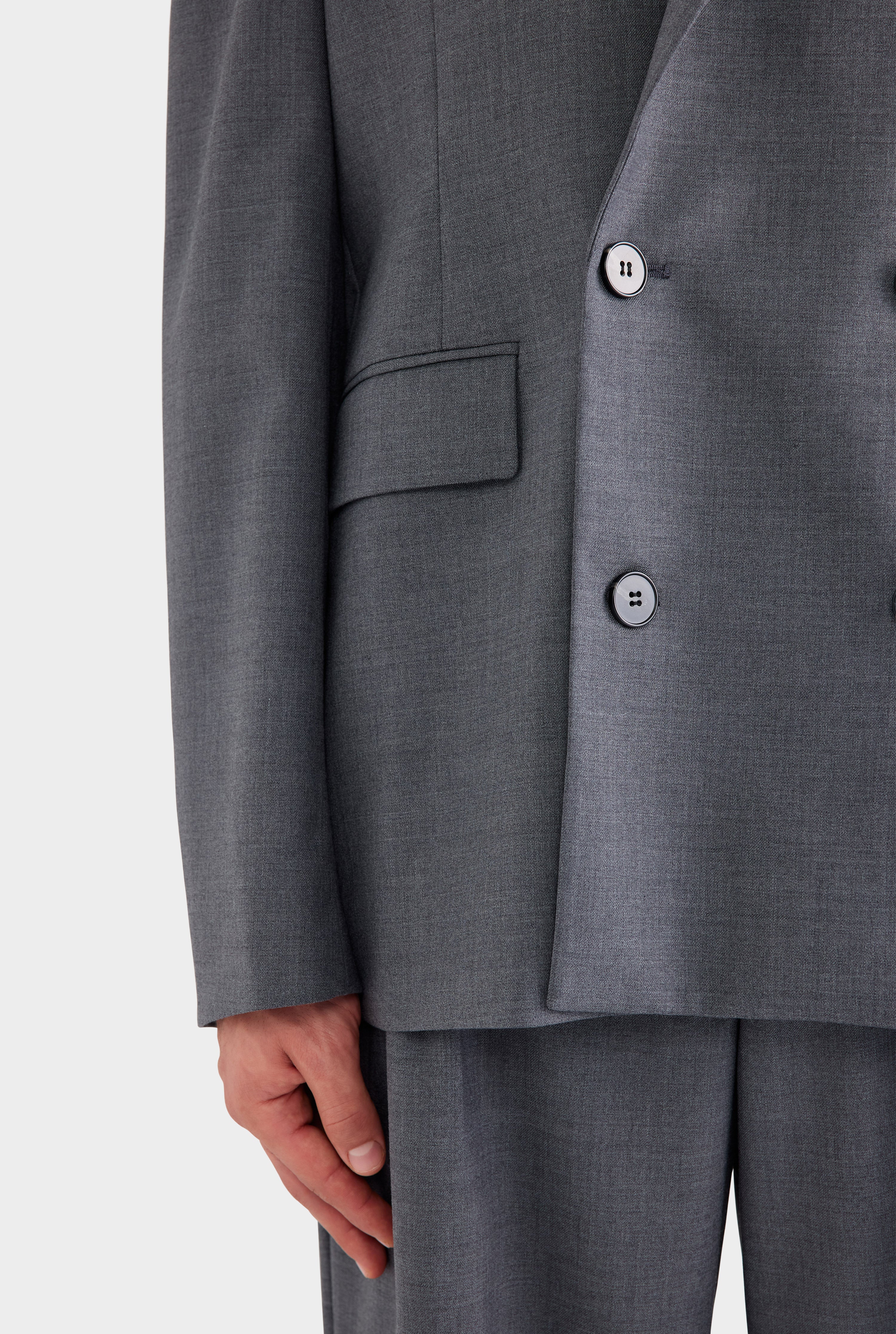 Tailored Wool Double Breasted Suit Jacket - Dark Grey Marl