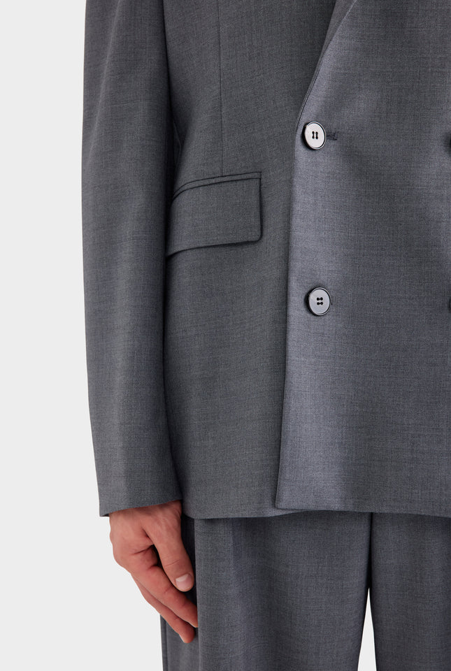 Tailored Wool Double Breasted Suit Jacket - Dark Grey Marl
