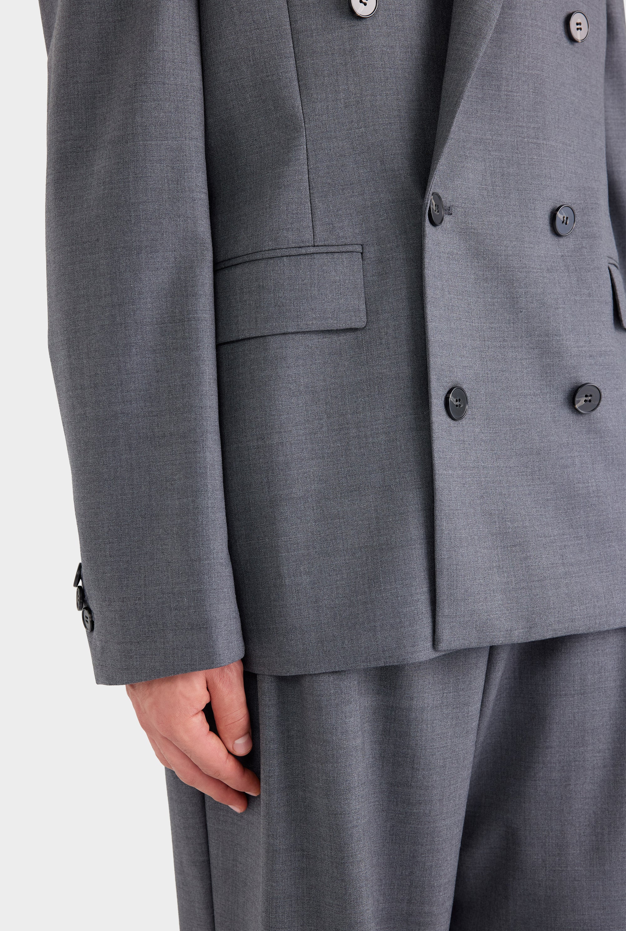 Tailored Wool Double Breasted Suit Jacket - Dark Grey Marl
