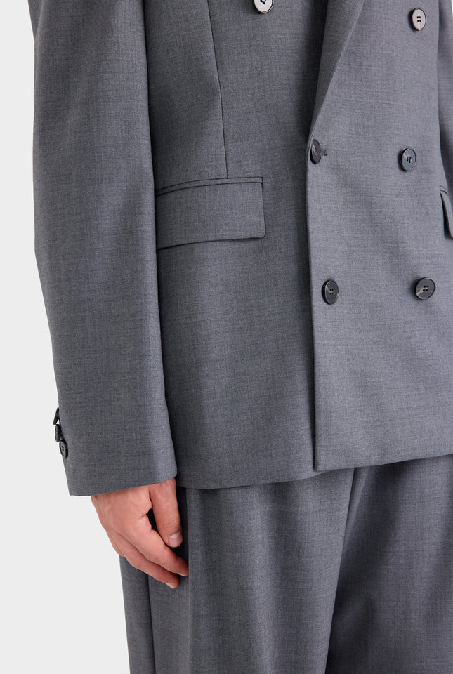 Tailored Wool Double Breasted Suit Jacket - Dark Grey Marl