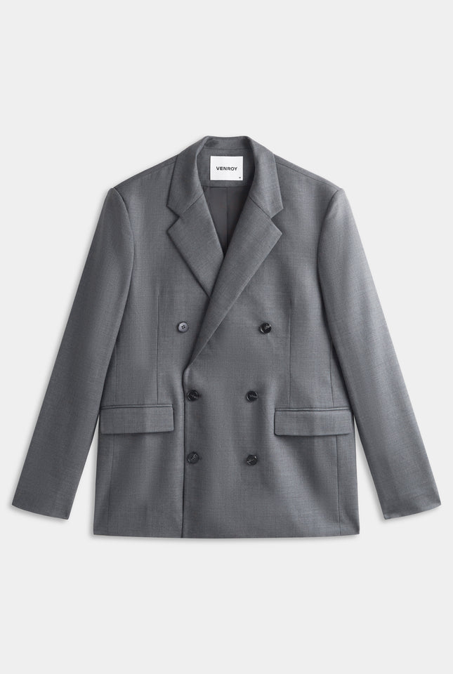 Tailored Wool Double Breasted Suit Jacket - Dark Grey Marl