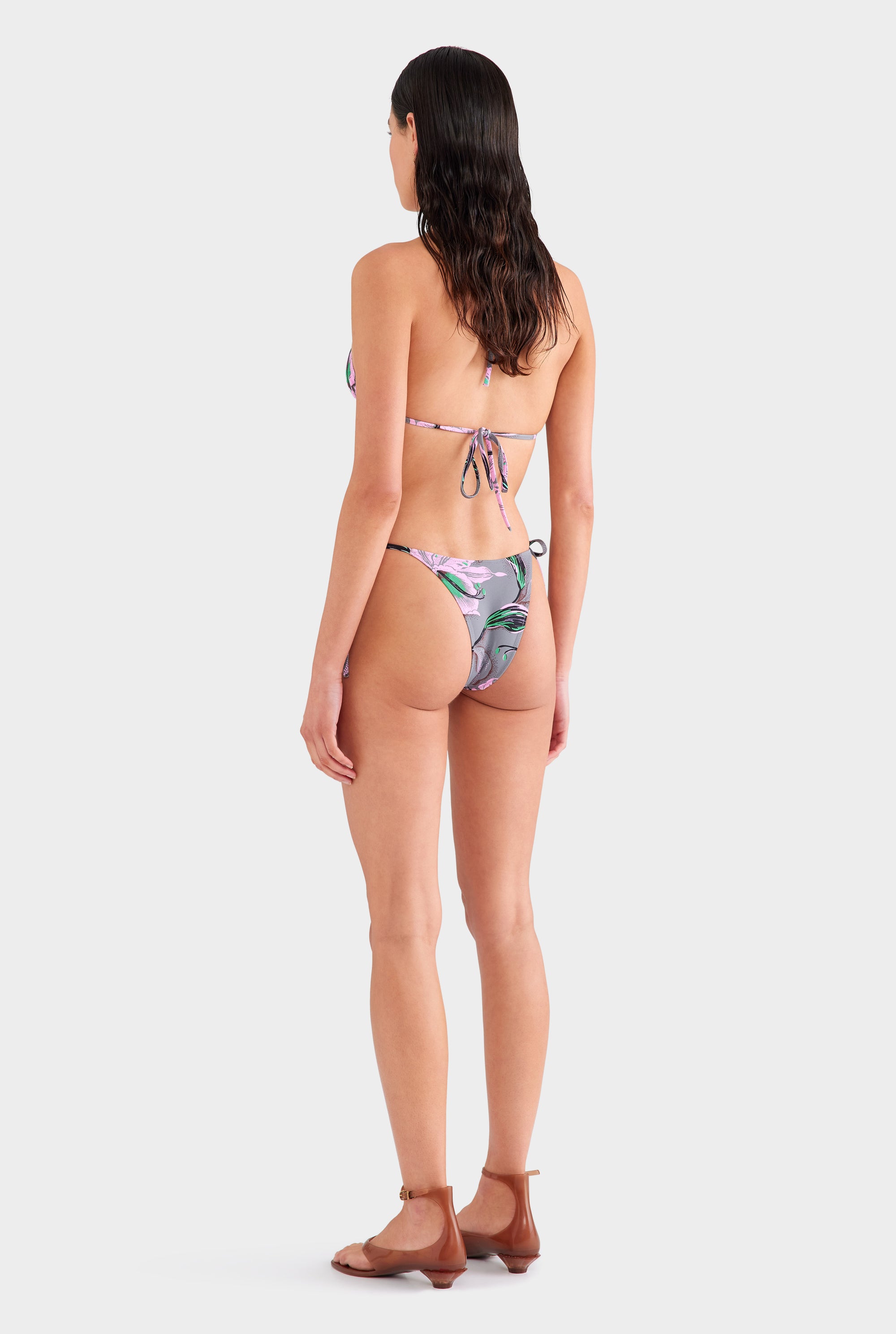 Tie Side Bikini Brief - Grey/Pink Lily