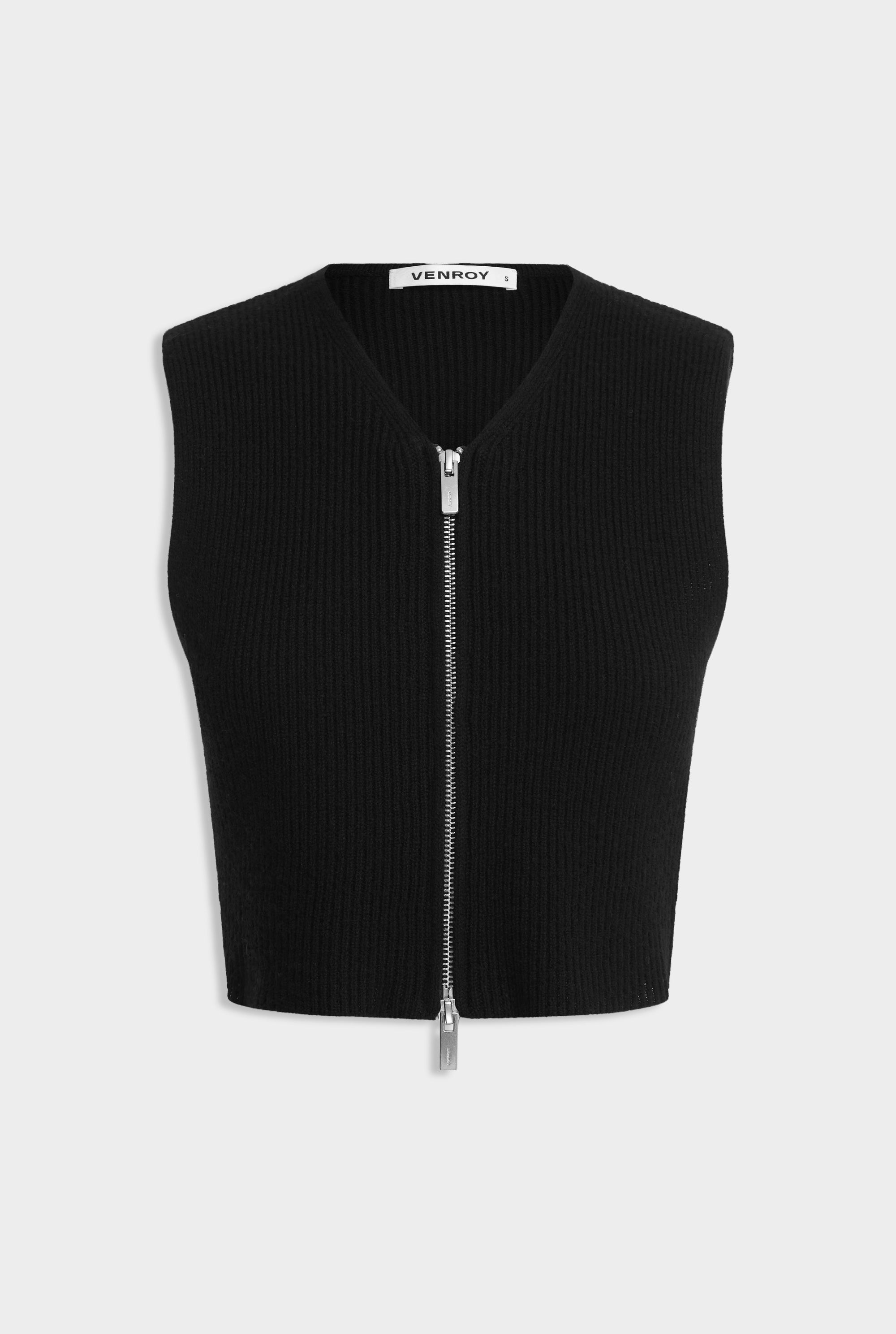 Wool Cropped Ribbed Zip Vest - Black